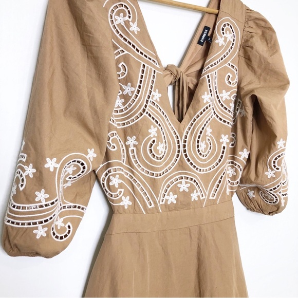 Express tan embroidered v neck open back tie back dress - Picture 3 of 13